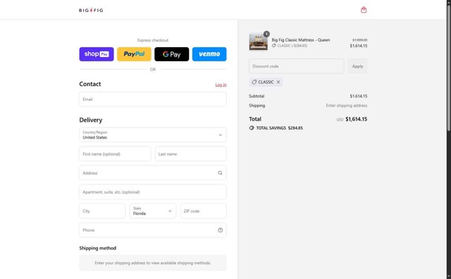 Big Fig Mattress checkout page showing Big Fig Mattress promo code box | Screenshot taken by SimplyCodes community member on Aug 27, 2025