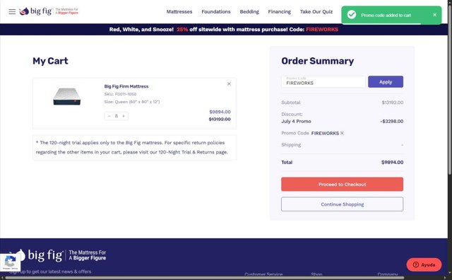 Big Fig Mattress checkout page showing Big Fig Mattress promo code box | Screenshot taken by SimplyCodes community member on Jul 14, 2025