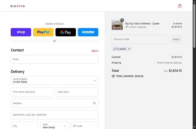 Big Fig Mattress checkout page showing Big Fig Mattress promo code box | Screenshot taken by SimplyCodes community member on Aug 14, 2025