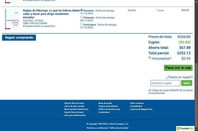 BiggerBooks checkout page showing BiggerBooks coupon code box | Screenshot taken by SimplyCodes community member on Sep 1, 2025