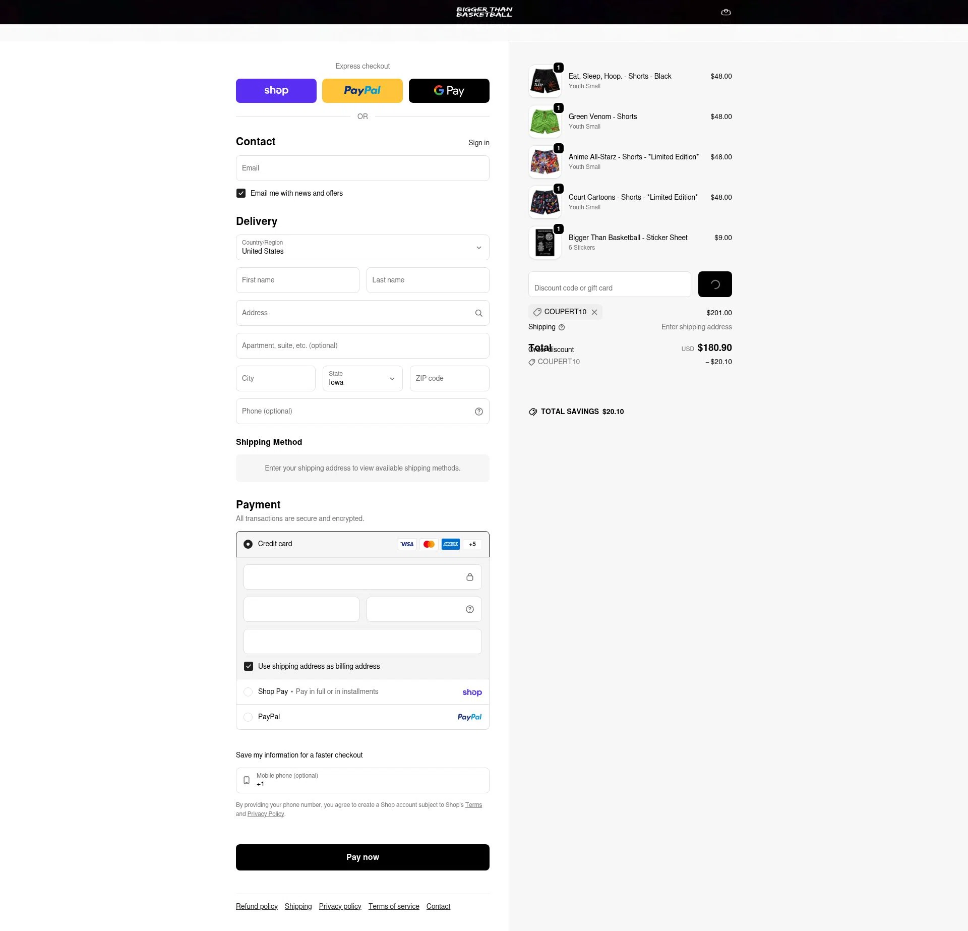 Bigger Than Basketball checkout page showing Bigger Than Basketball promo code box | Screenshot taken by SimplyCodes community member on Feb 20, 2026
