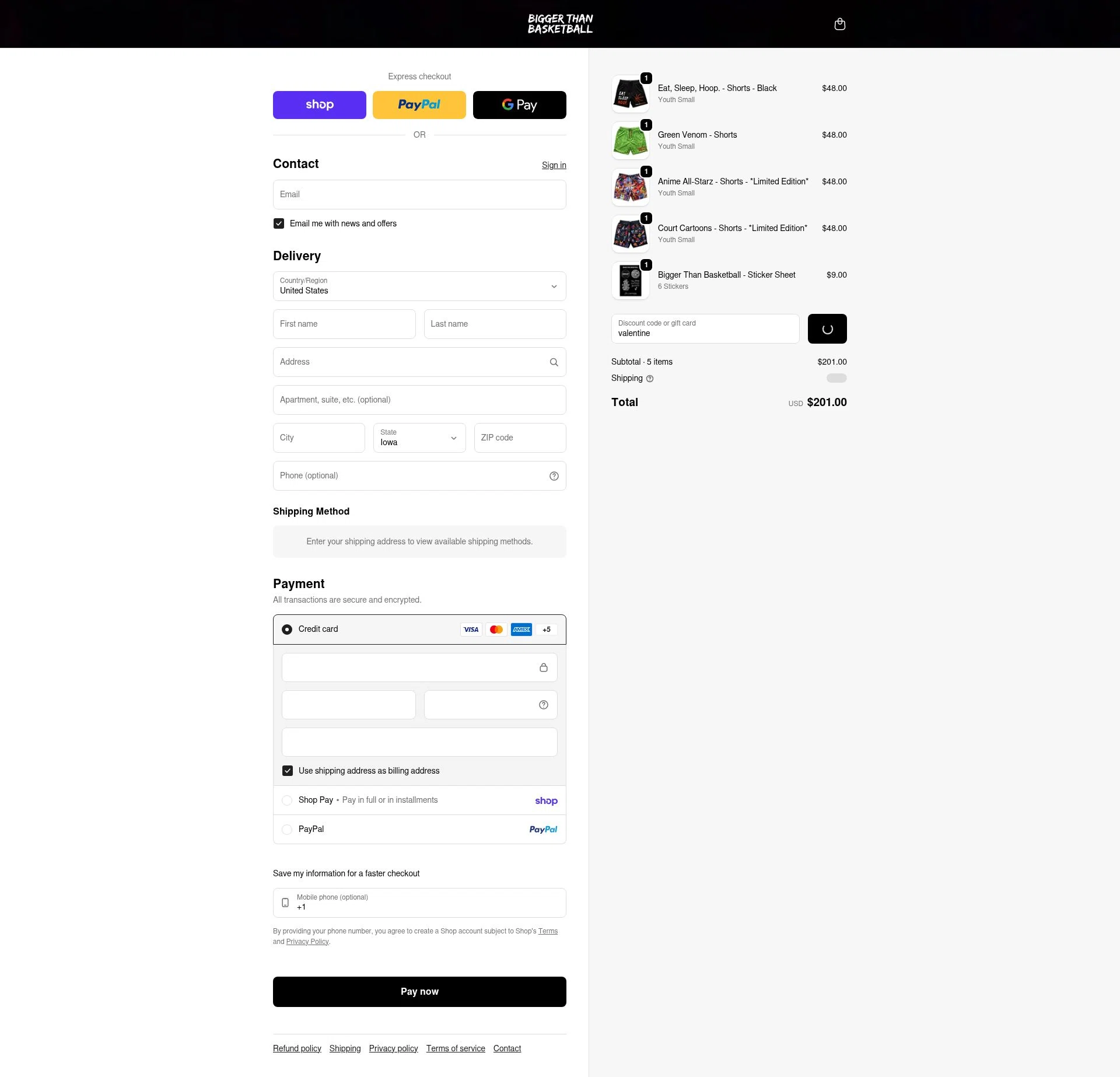 Bigger Than Basketball checkout page showing Bigger Than Basketball promo code box | Screenshot taken by SimplyCodes community member on Feb 20, 2026