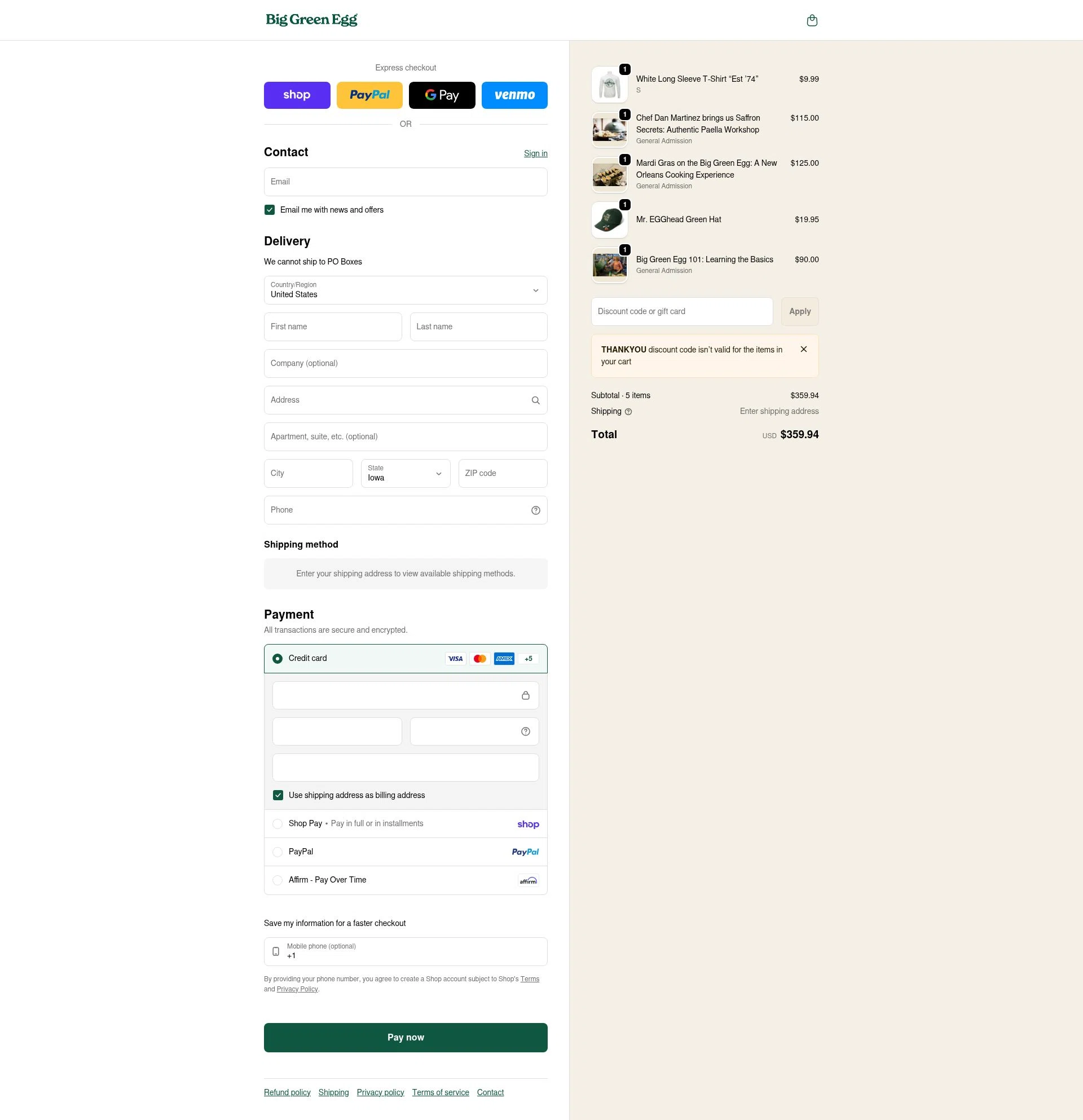 Big Green Egg checkout page showing Big Green Egg promo code box | Screenshot taken by SimplyCodes community member on Feb 7, 2026