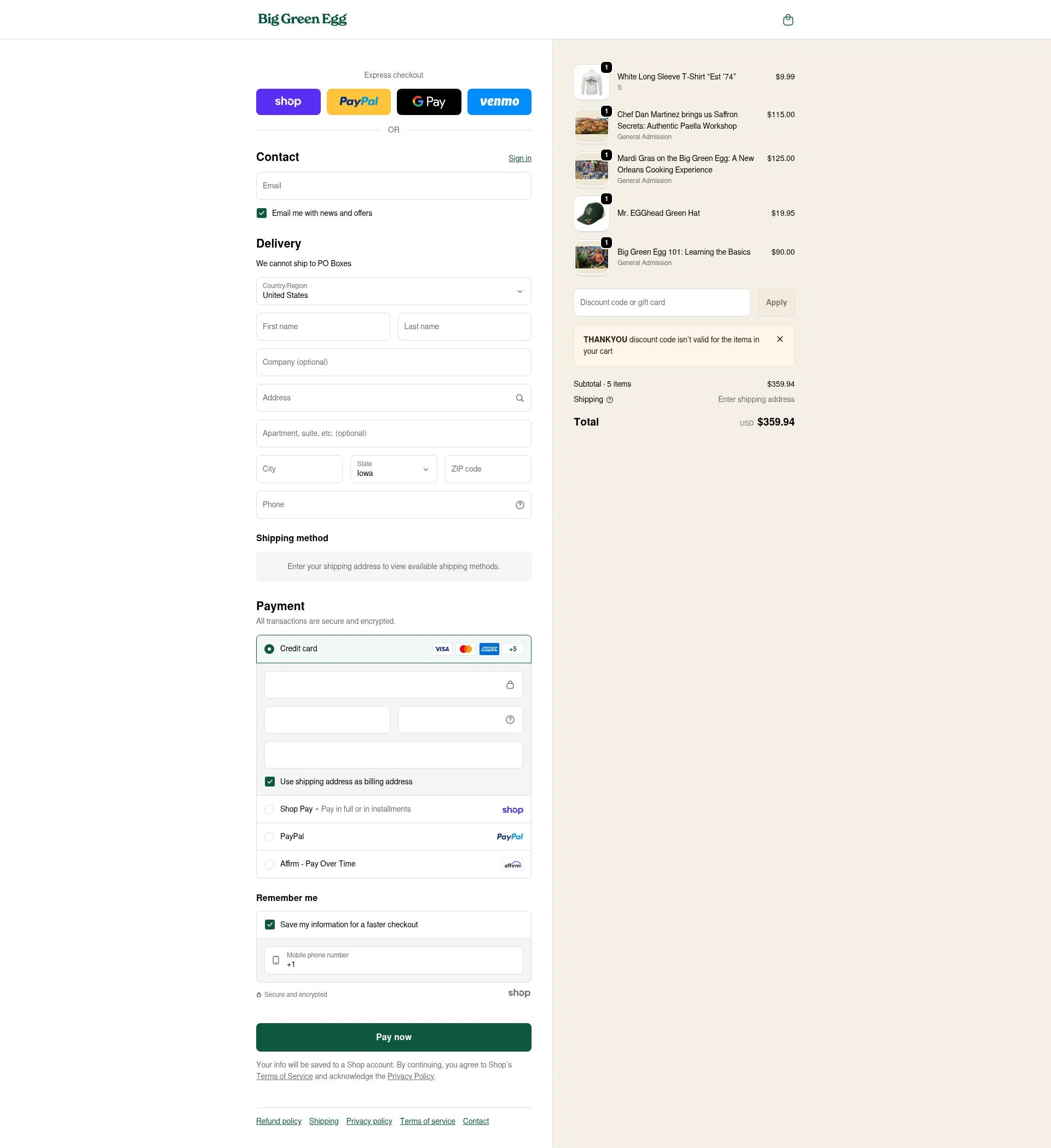 Big Green Egg checkout page showing Big Green Egg promo code box | Screenshot taken by SimplyCodes community member on Jan 25, 2026