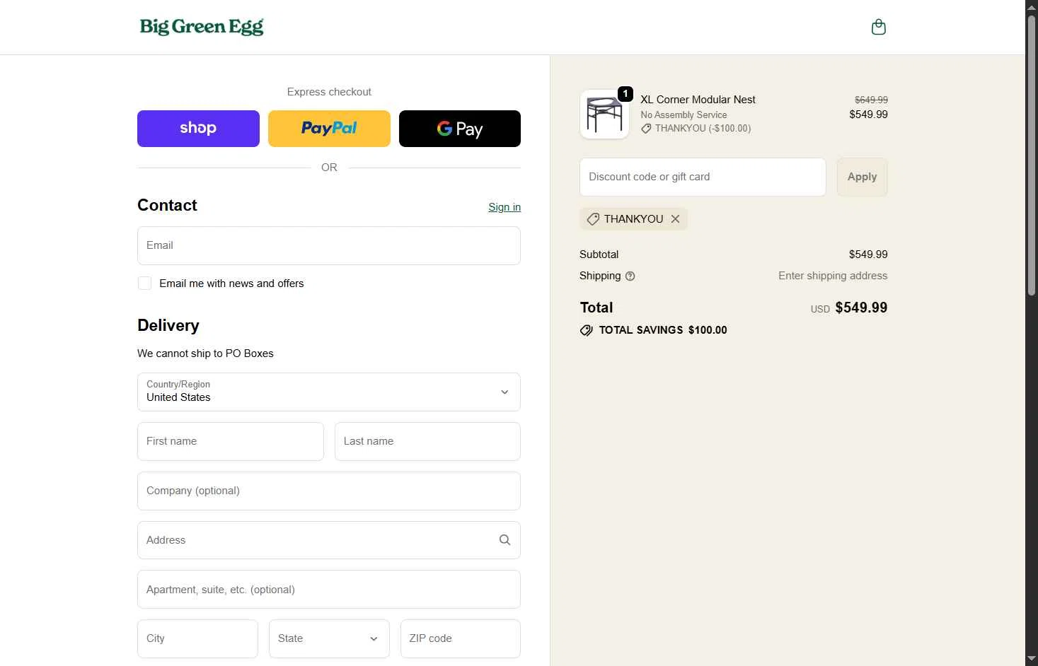 Big Green Egg checkout page showing Big Green Egg promo code box | Screenshot taken by SimplyCodes community member on Jan 31, 2026