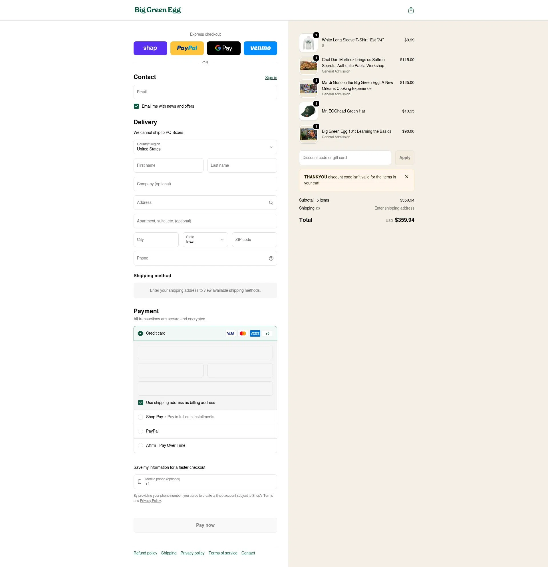 Big Green Egg checkout page showing Big Green Egg promo code box | Screenshot taken by SimplyCodes community member on Feb 3, 2026