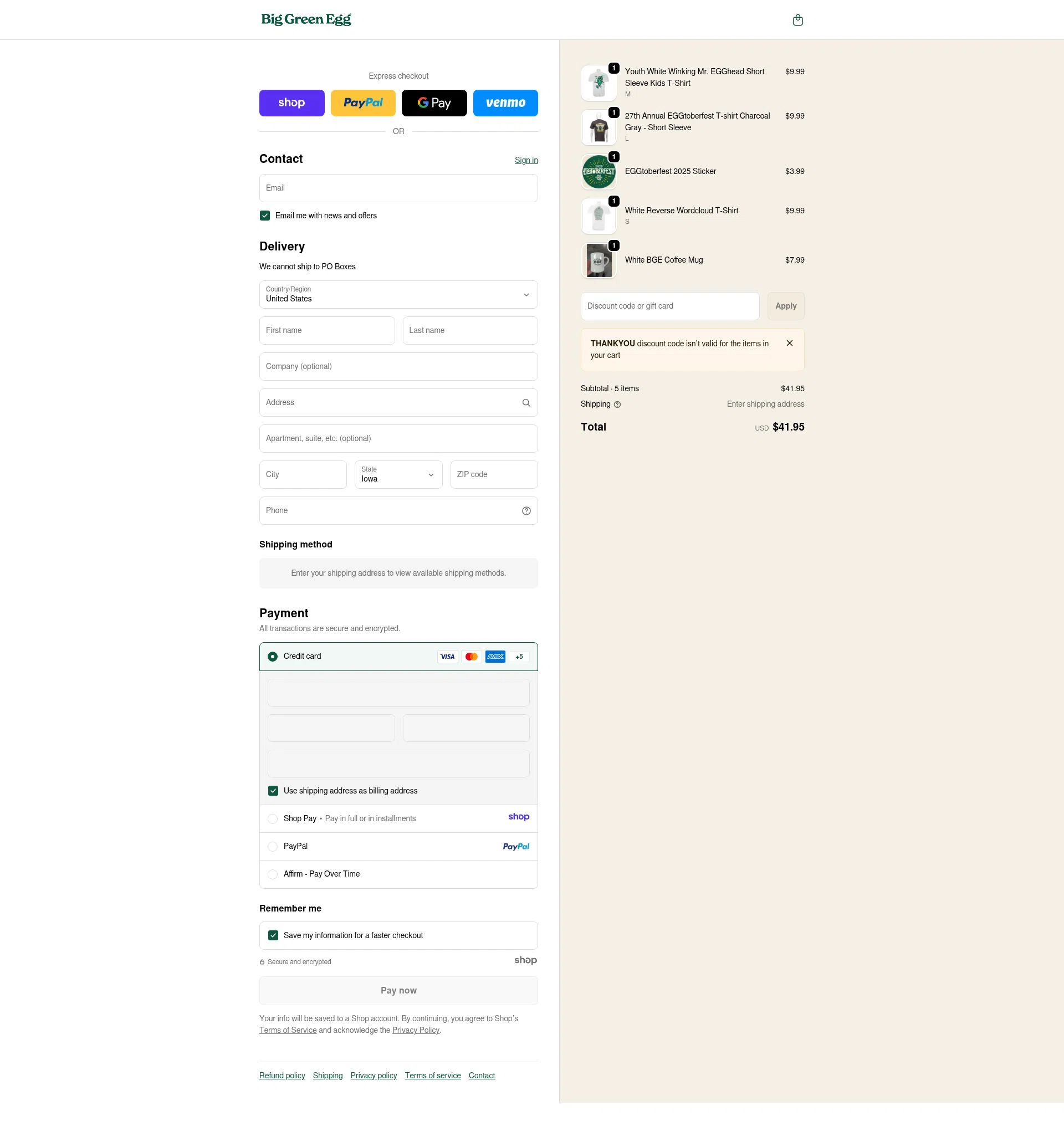 Big Green Egg checkout page showing Big Green Egg promo code box | Screenshot taken by SimplyCodes community member on Jan 6, 2026