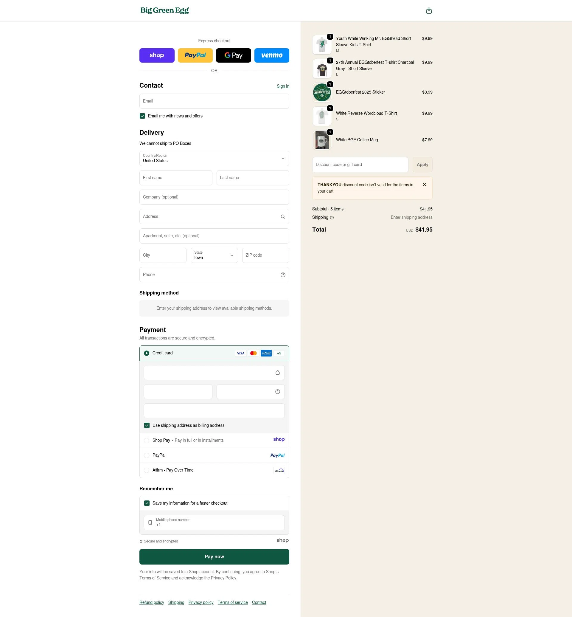 Big Green Egg checkout page showing Big Green Egg promo code box | Screenshot taken by SimplyCodes community member on Dec 31, 2025