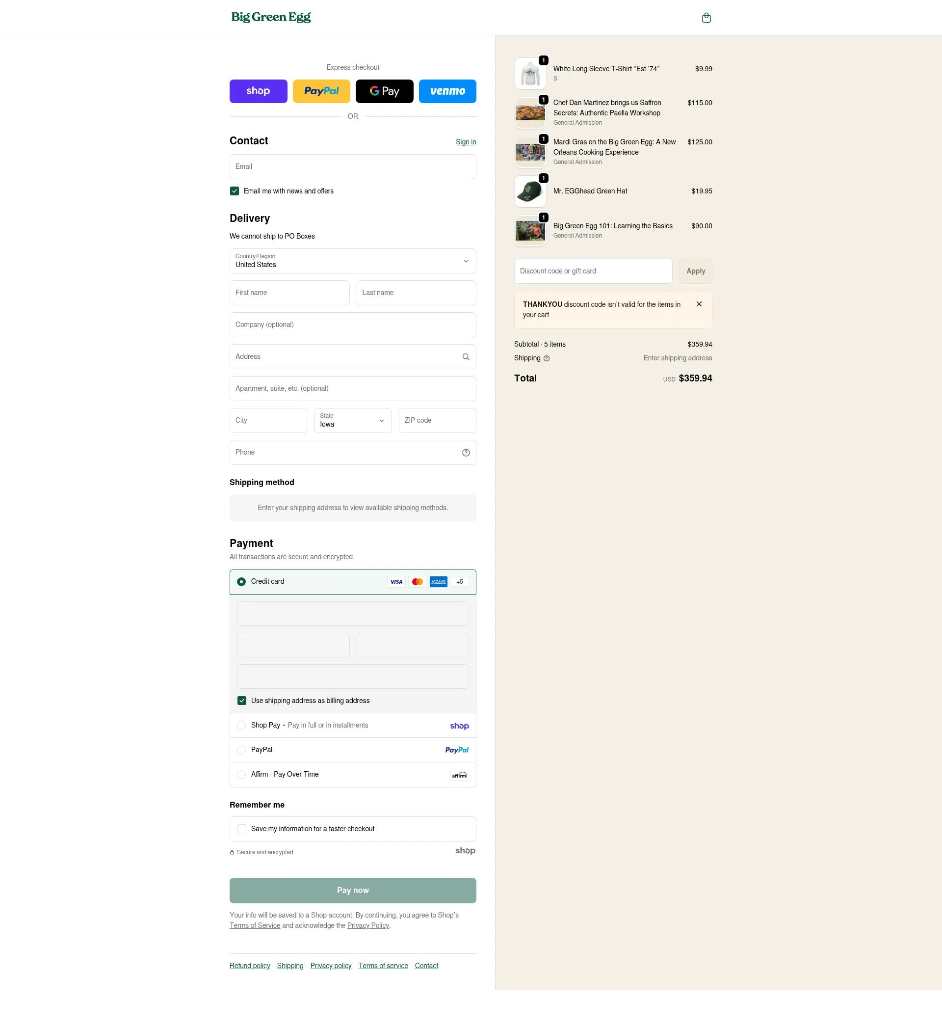 Big Green Egg checkout page showing Big Green Egg promo code box | Screenshot taken by SimplyCodes community member on Jan 30, 2026