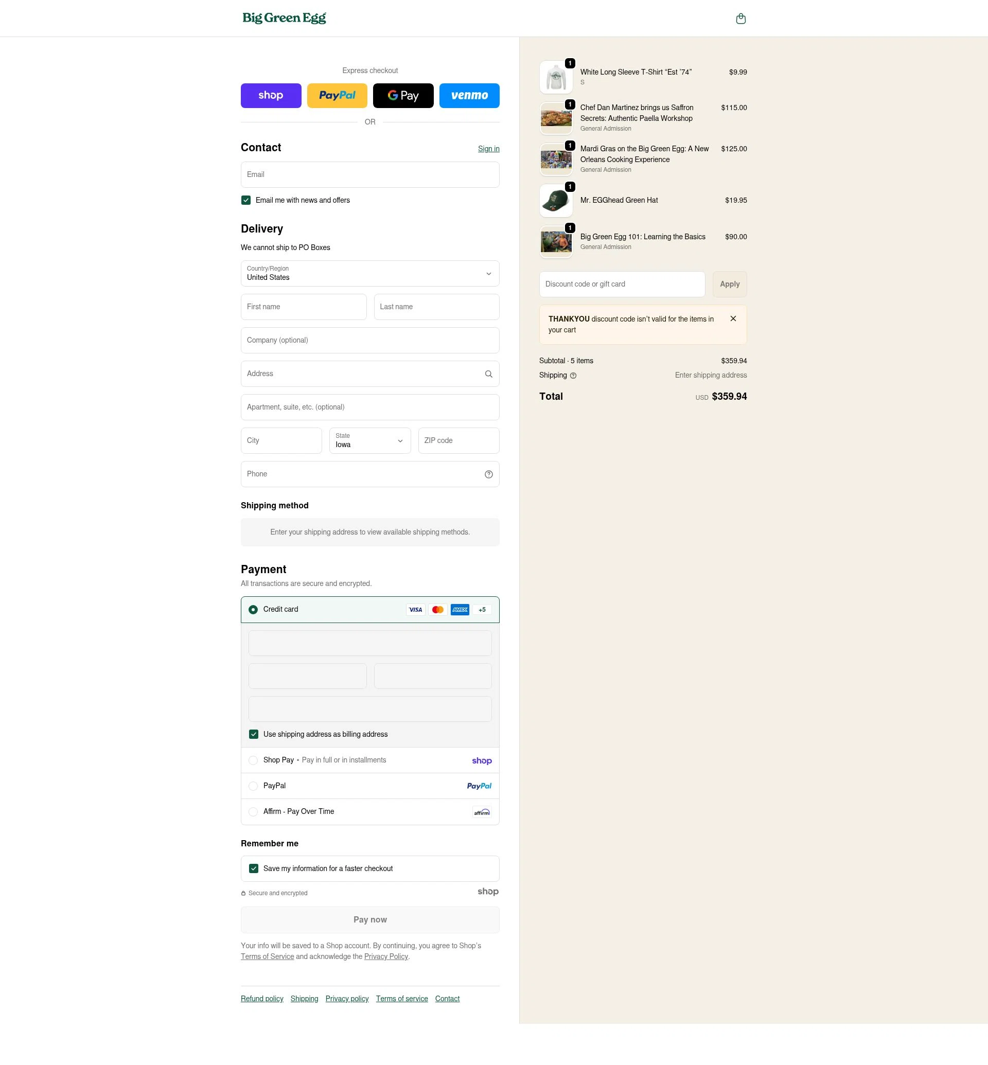Big Green Egg checkout page showing Big Green Egg promo code box | Screenshot taken by SimplyCodes community member on Jan 21, 2026
