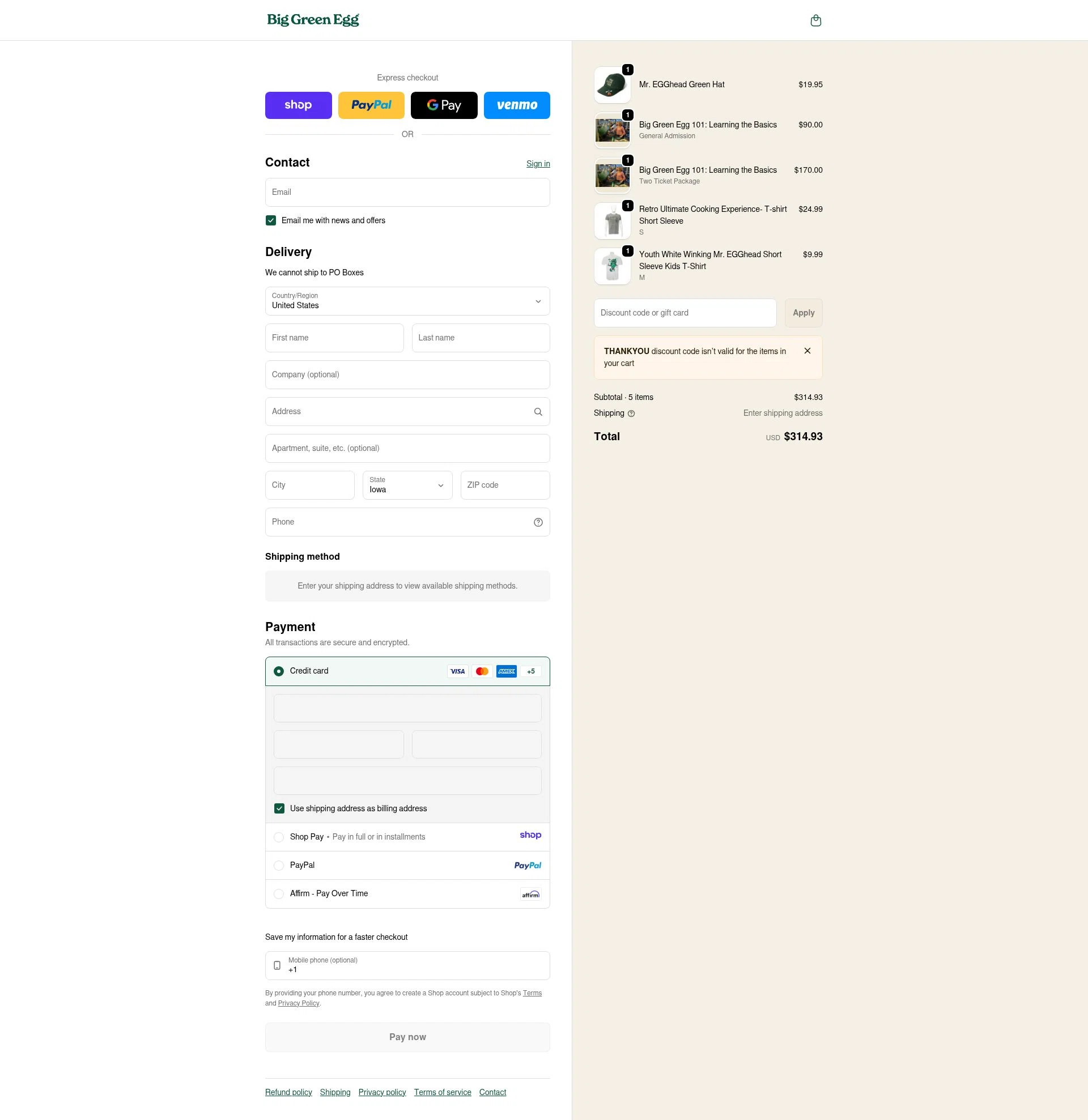 Big Green Egg checkout page showing Big Green Egg promo code box | Screenshot taken by SimplyCodes community member on Jan 11, 2026