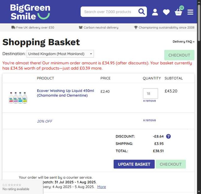 Big Green Smile checkout page showing Big Green Smile discount code box | Screenshot taken by SimplyCodes community member on Jul 27, 2025