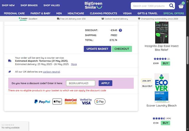 Big Green Smile checkout page showing Big Green Smile discount code box | Screenshot taken by SimplyCodes community member on May 20, 2025