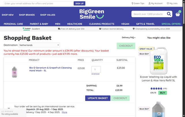 Big Green Smile checkout page showing Big Green Smile discount code box | Screenshot taken by SimplyCodes community member on Aug 26, 2025