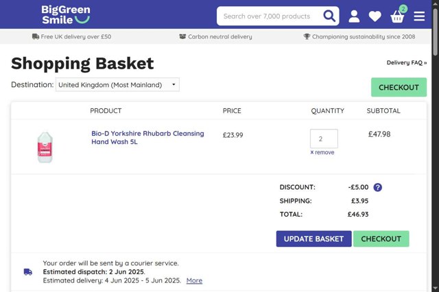 Big Green Smile checkout page showing Big Green Smile discount code box | Screenshot taken by SimplyCodes community member on May 30, 2025