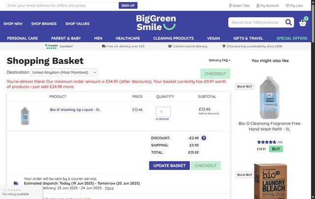 Big Green Smile checkout page showing Big Green Smile discount code box | Screenshot taken by SimplyCodes community member on Jun 19, 2025