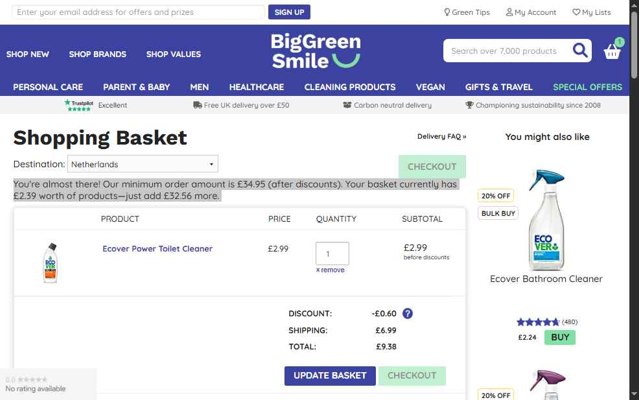 Big Green Smile checkout page showing Big Green Smile discount code box | Screenshot taken by SimplyCodes community member on Aug 26, 2025