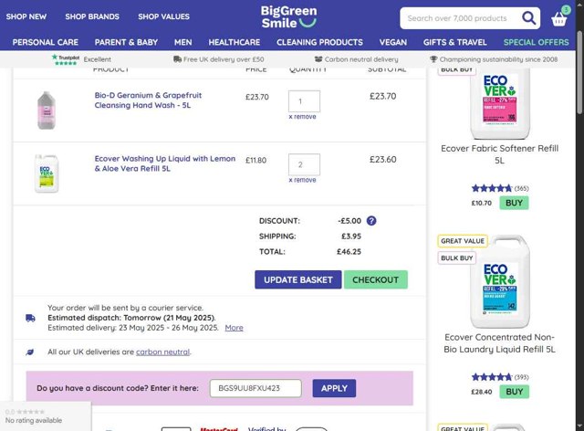 Big Green Smile checkout page showing Big Green Smile discount code box | Screenshot taken by SimplyCodes community member on May 20, 2025