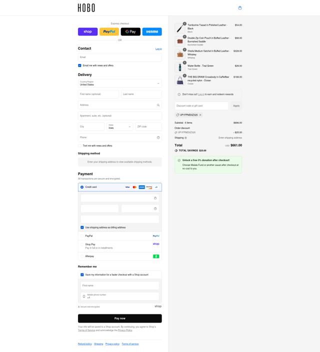 Hobo Bags checkout page showing Hobo Bags coupon code box | Screenshot taken by SimplyCodes community member on Sep 8, 2025