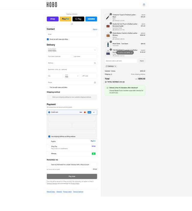 Hobo Bags checkout page showing Hobo Bags coupon code box | Screenshot taken by SimplyCodes community member on Sep 11, 2025