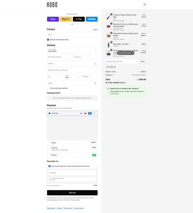 Hobo Bags checkout page showing Hobo Bags coupon code box | Screenshot taken by SimplyCodes community member on Sep 11, 2025