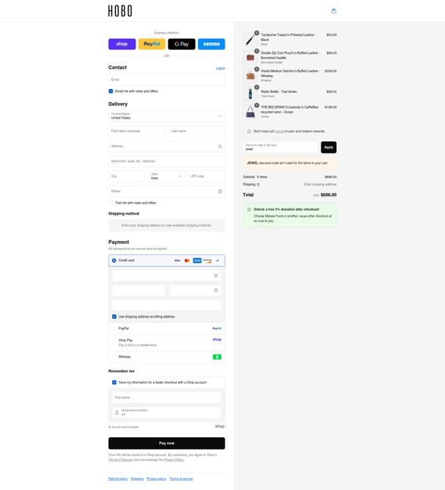 Hobo Bags checkout page showing Hobo Bags coupon code box | Screenshot taken by SimplyCodes community member on Sep 8, 2025