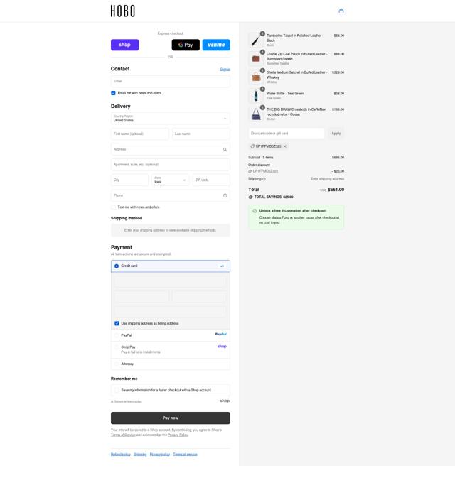 Hobo Bags checkout page showing Hobo Bags coupon code box | Screenshot taken by SimplyCodes community member on Sep 11, 2025