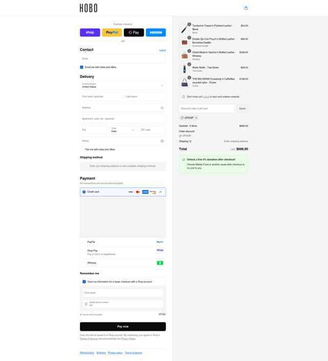 Hobo Bags checkout page showing Hobo Bags coupon code box | Screenshot taken by SimplyCodes community member on Sep 8, 2025