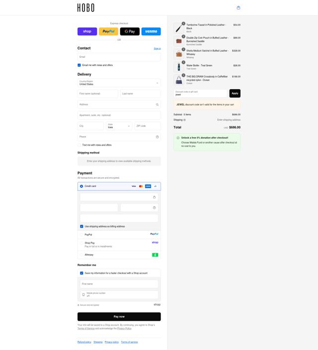 Hobo Bags checkout page showing Hobo Bags coupon code box | Screenshot taken by SimplyCodes community member on Sep 11, 2025