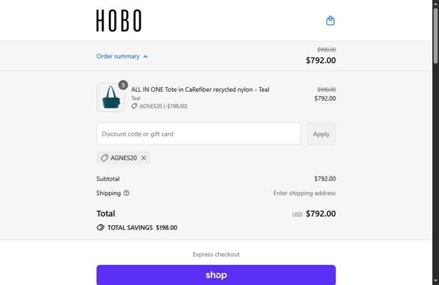 Hobo Bags checkout page showing Hobo Bags coupon code box | Screenshot taken by SimplyCodes community member on Sep 12, 2025