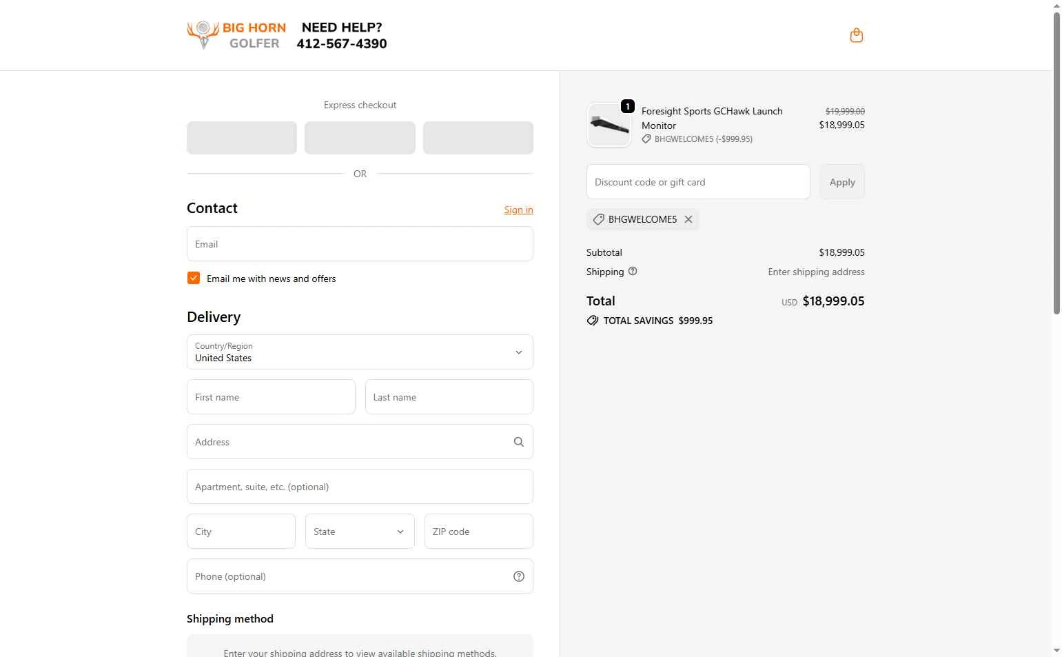 Big Horn Golfer checkout page showing Big Horn Golfer promo code box | Screenshot taken by SimplyCodes community member on Feb 4, 2026
