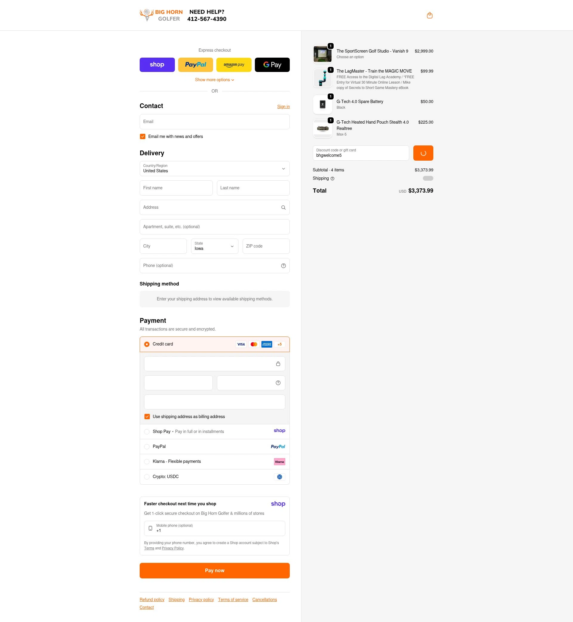 Big Horn Golfer checkout page showing Big Horn Golfer promo code box | Screenshot taken by SimplyCodes community member on Jan 16, 2026