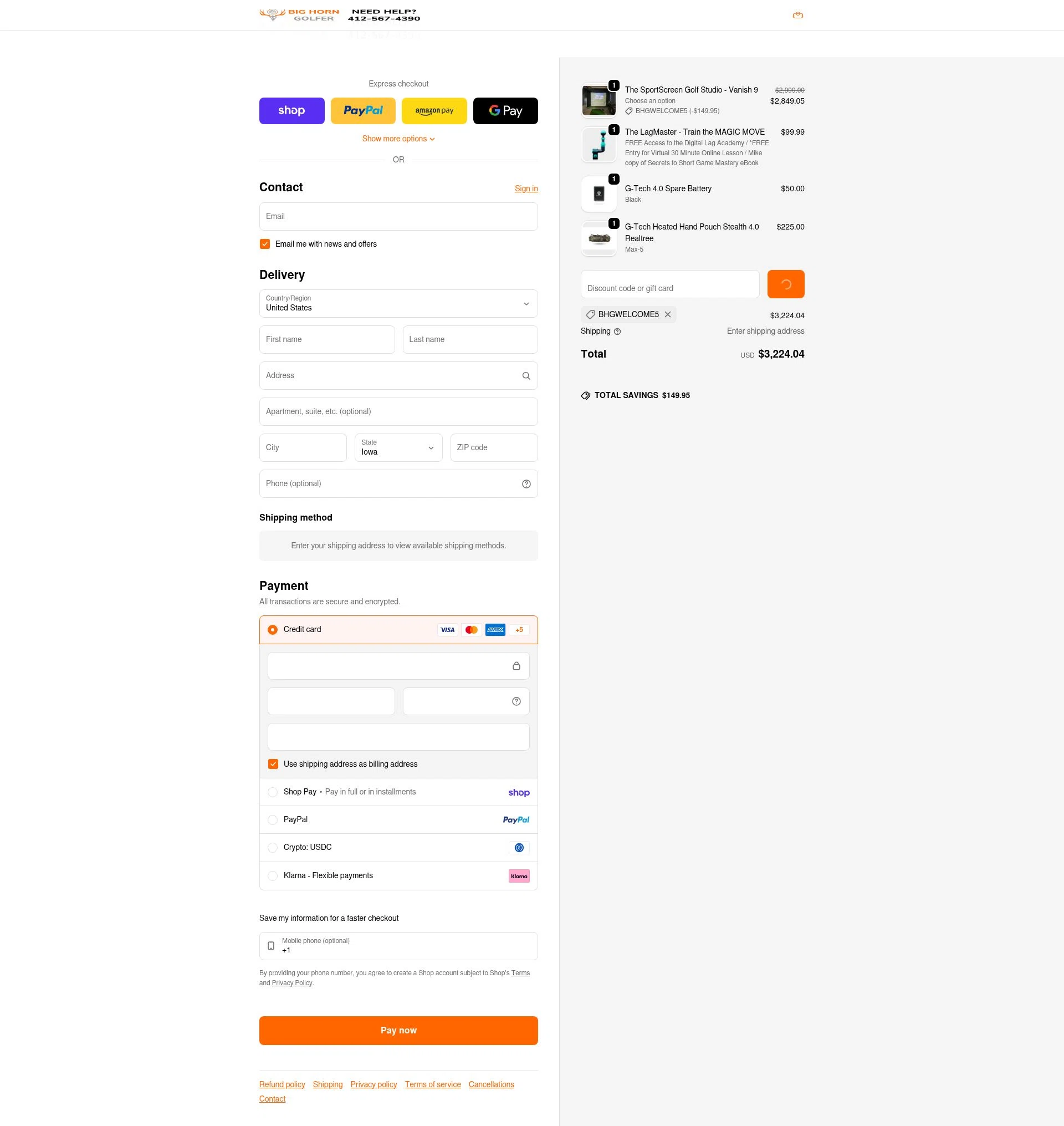 Big Horn Golfer checkout page showing Big Horn Golfer promo code box | Screenshot taken by SimplyCodes community member on Feb 4, 2026