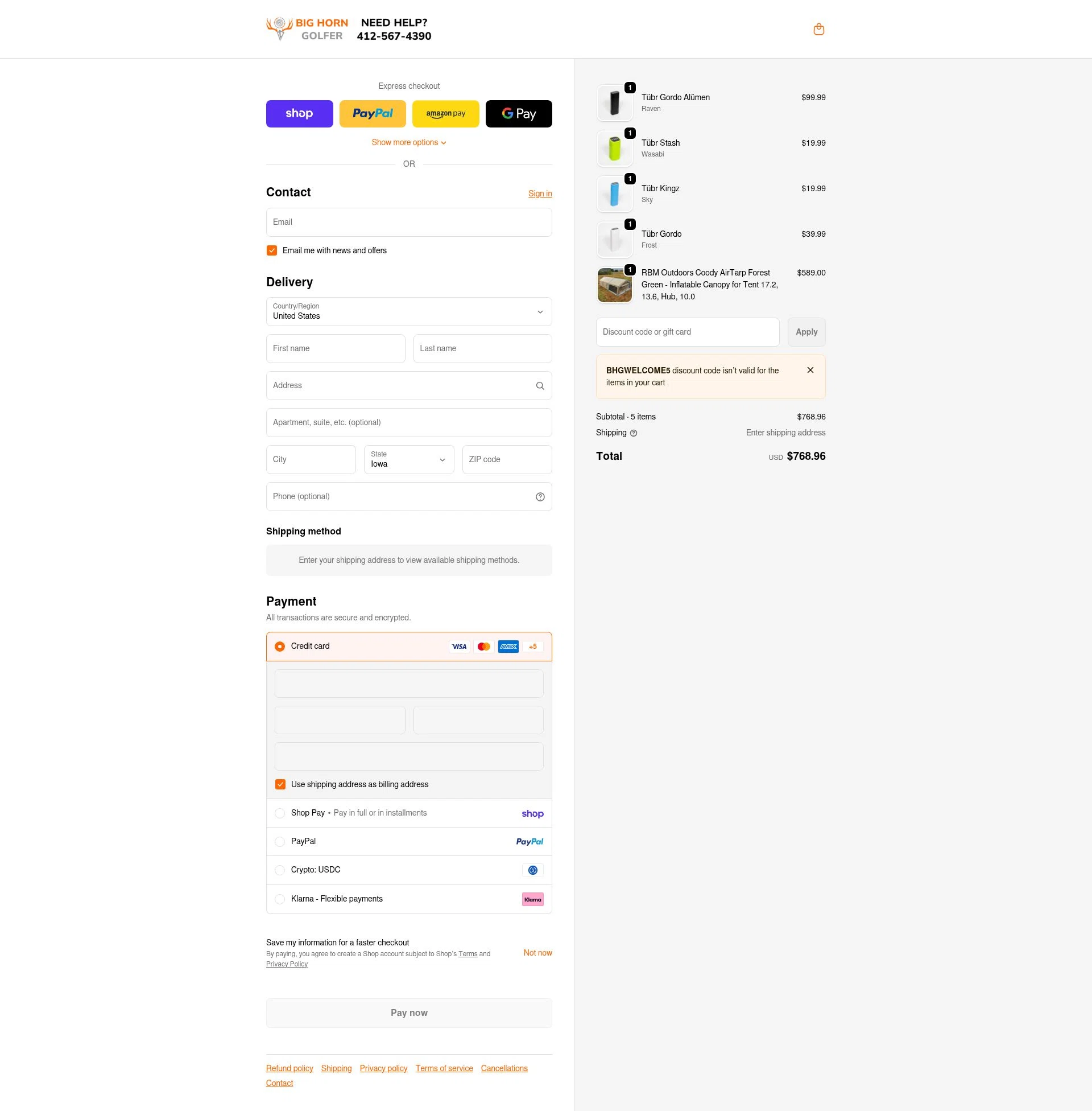 Big Horn Golfer checkout page showing Big Horn Golfer promo code box | Screenshot taken by SimplyCodes community member on Feb 17, 2026