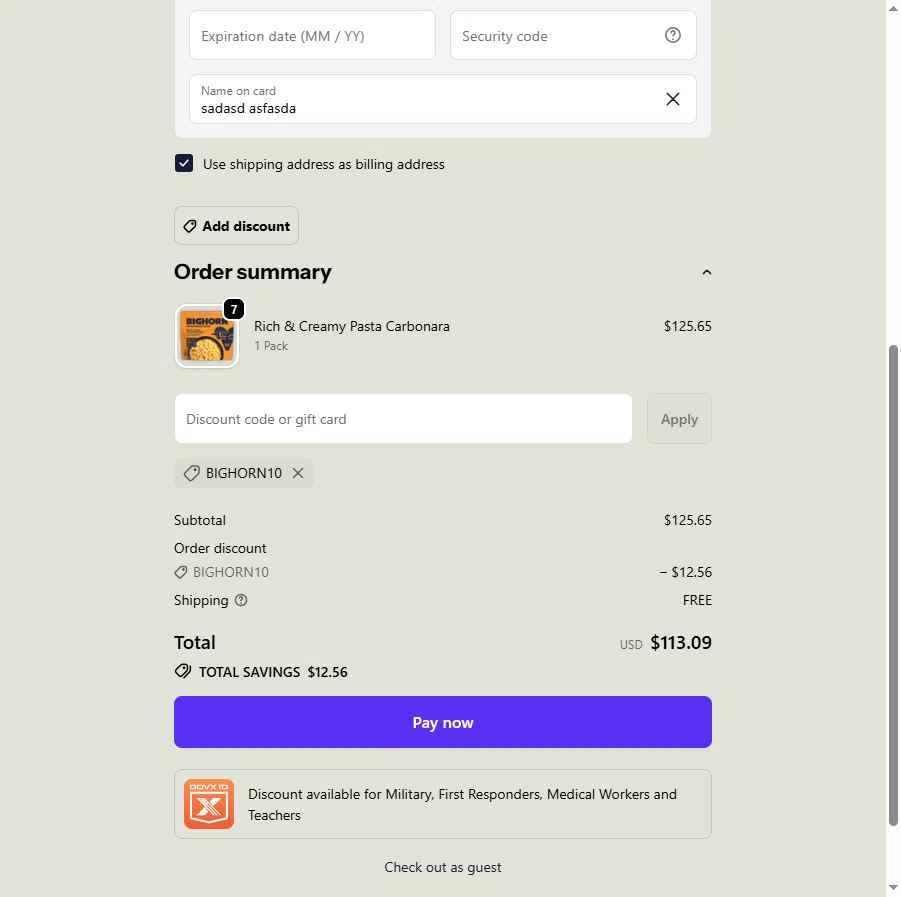 BIGHORN Mountain Food checkout page showing BIGHORN Mountain Food promo code box | Screenshot taken by SimplyCodes community member on Jan 25, 2026