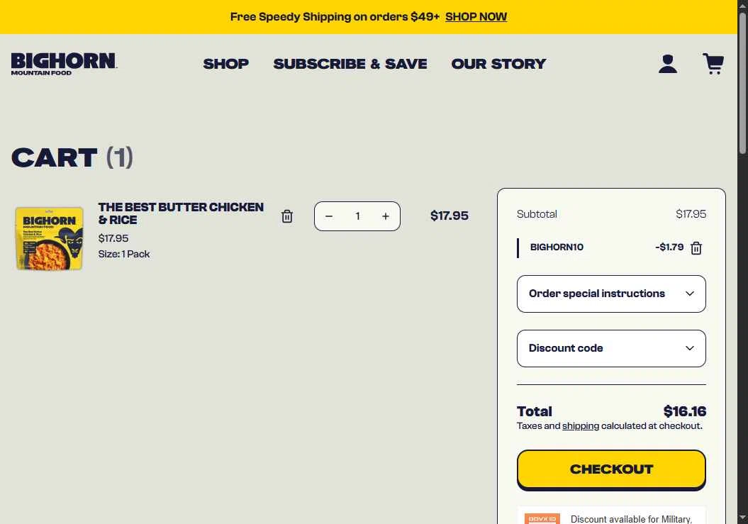BIGHORN Mountain Food checkout page showing BIGHORN Mountain Food promo code box | Screenshot taken by SimplyCodes community member on Nov 28, 2025