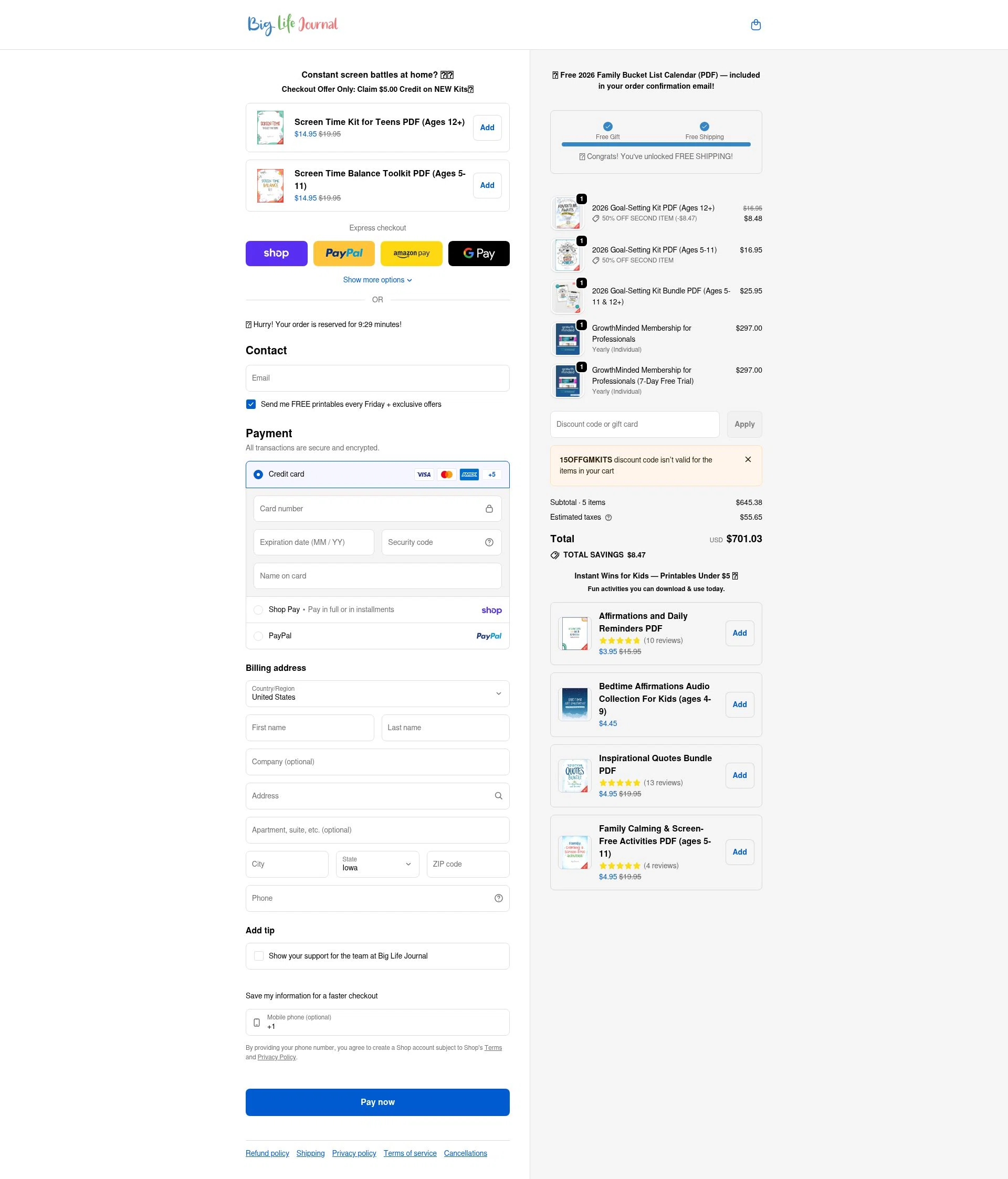 Big Life Journal checkout page showing Big Life Journal promo code box | Screenshot taken by SimplyCodes community member on Feb 7, 2026