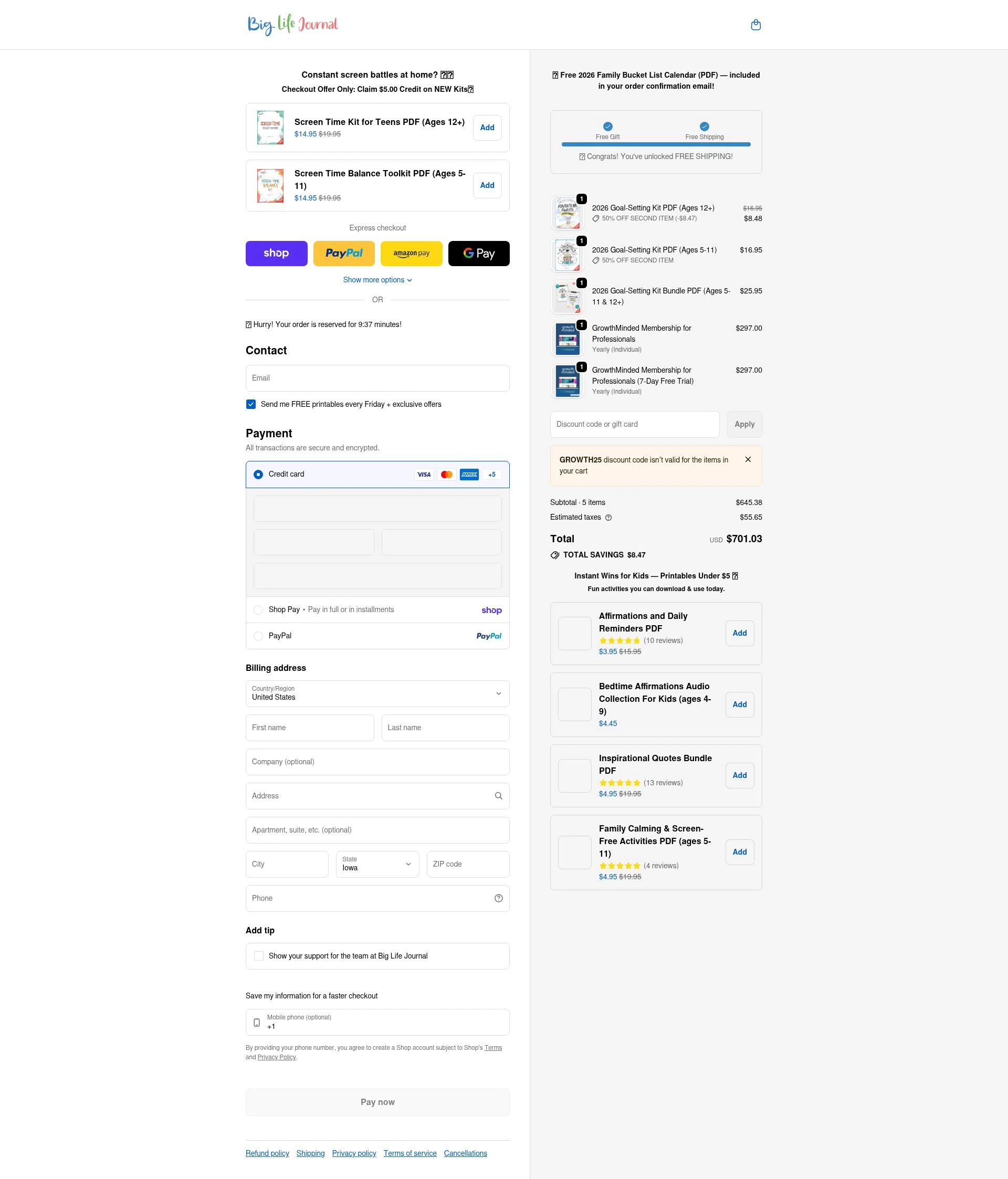 Big Life Journal checkout page showing Big Life Journal promo code box | Screenshot taken by SimplyCodes community member on Feb 7, 2026