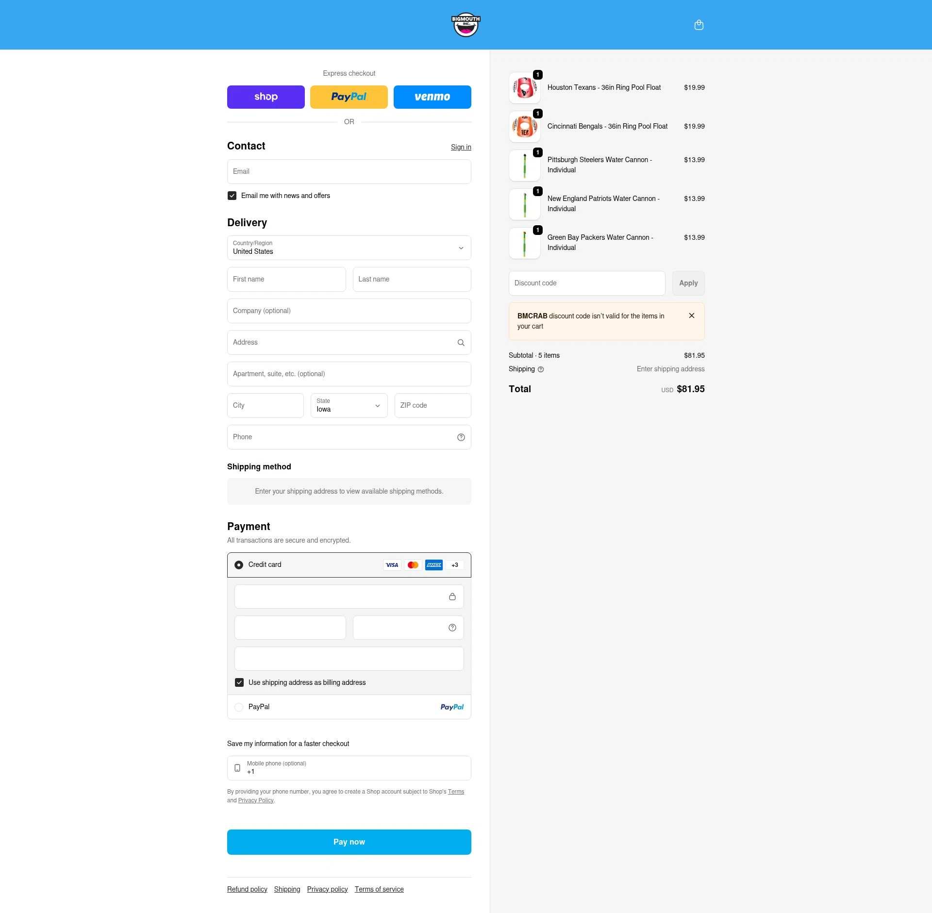 BigMouth Inc checkout page showing BigMouth Inc promo code box | Screenshot taken by SimplyCodes community member on Feb 10, 2026