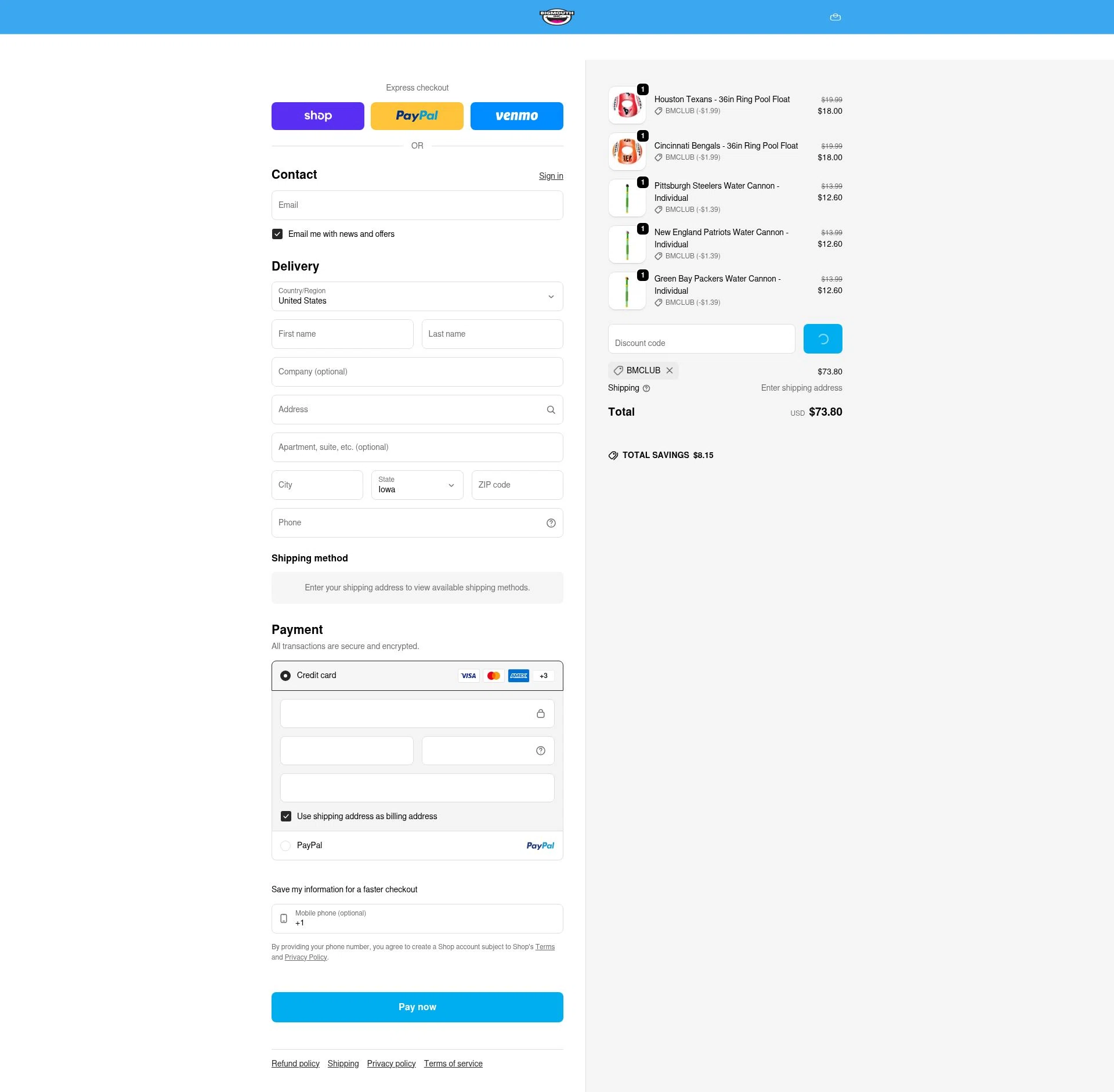 BigMouth Inc checkout page showing BigMouth Inc promo code box | Screenshot taken by SimplyCodes community member on Feb 10, 2026