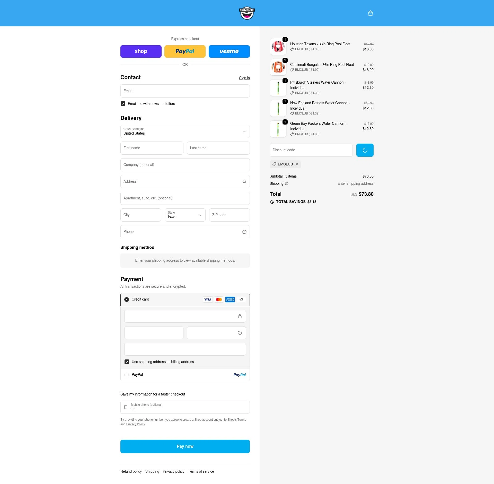 BigMouth Inc checkout page showing BigMouth Inc promo code box | Screenshot taken by SimplyCodes community member on Feb 14, 2026