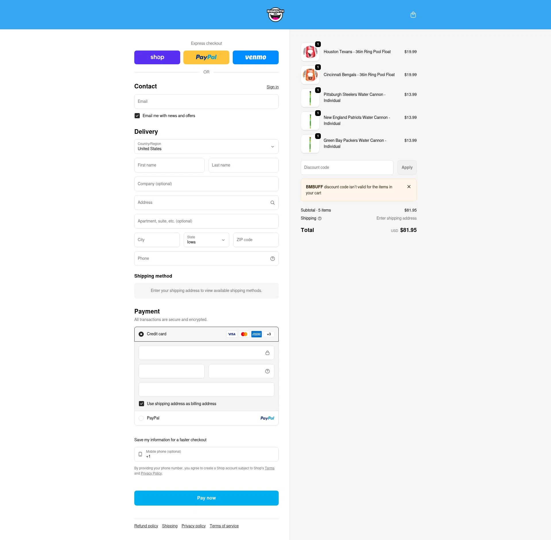 BigMouth Inc checkout page showing BigMouth Inc promo code box | Screenshot taken by SimplyCodes community member on Feb 14, 2026