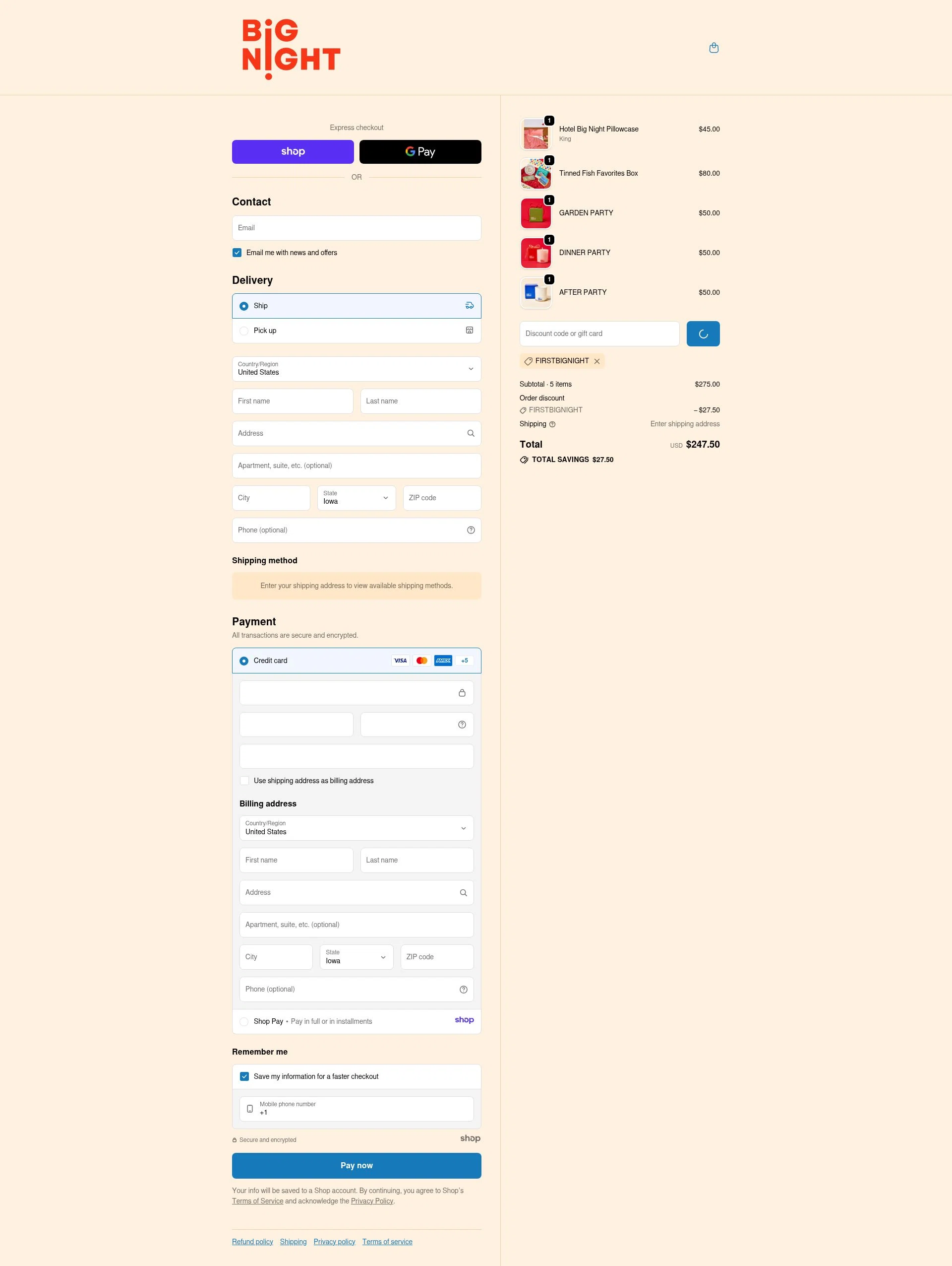 Big Night checkout page showing Big Night promo code box | Screenshot taken by SimplyCodes community member on Dec 27, 2025