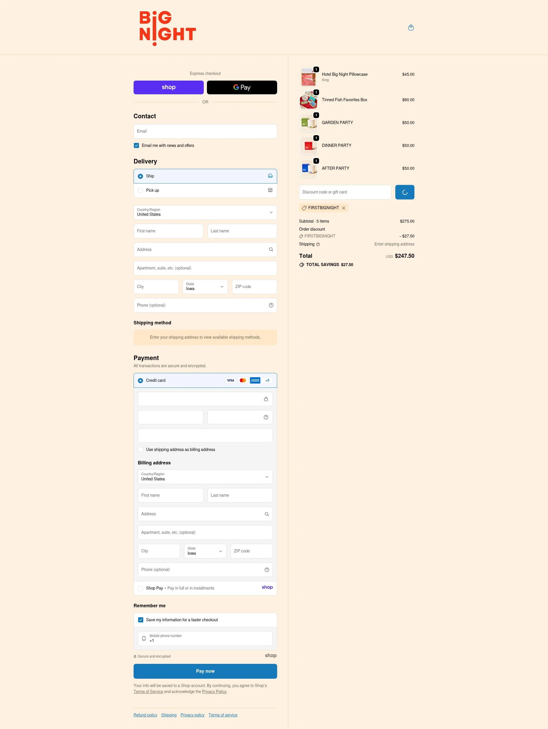 Big Night checkout page showing Big Night promo code box | Screenshot taken by SimplyCodes community member on Jan 6, 2026