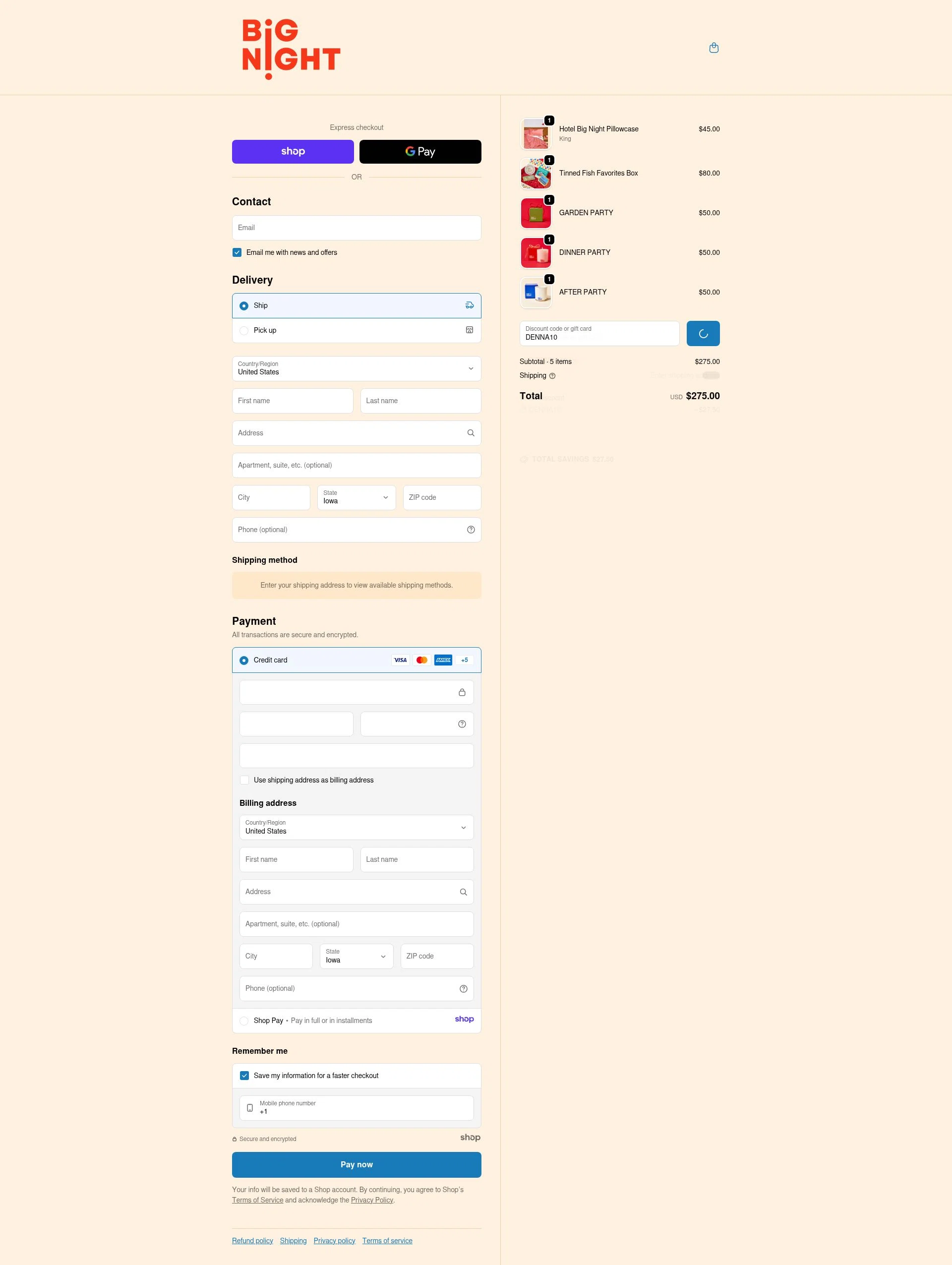 Big Night checkout page showing Big Night promo code box | Screenshot taken by SimplyCodes community member on Dec 27, 2025