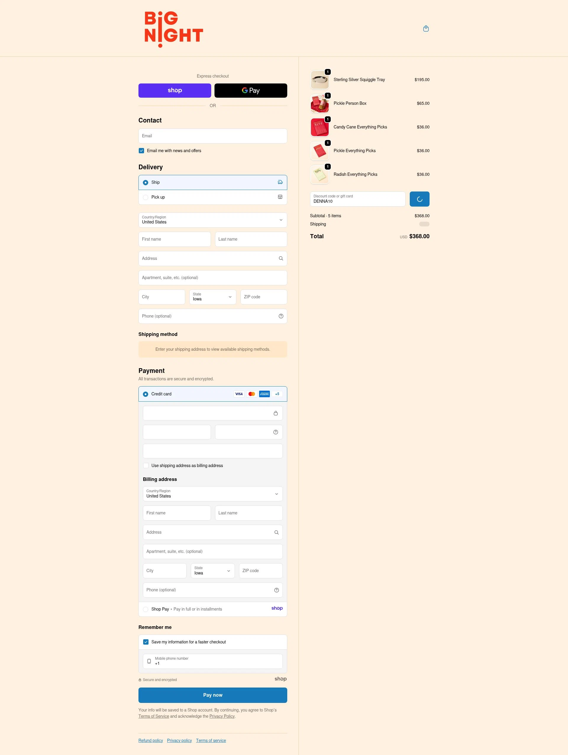 Big Night checkout page showing Big Night promo code box | Screenshot taken by SimplyCodes community member on Dec 23, 2025