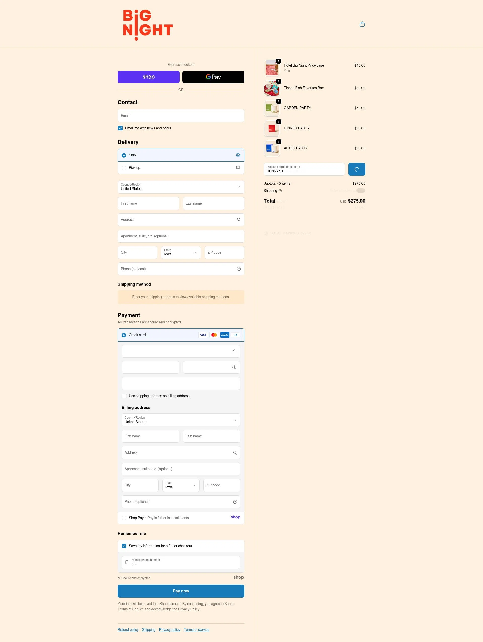 Big Night checkout page showing Big Night promo code box | Screenshot taken by SimplyCodes community member on Jan 1, 2026