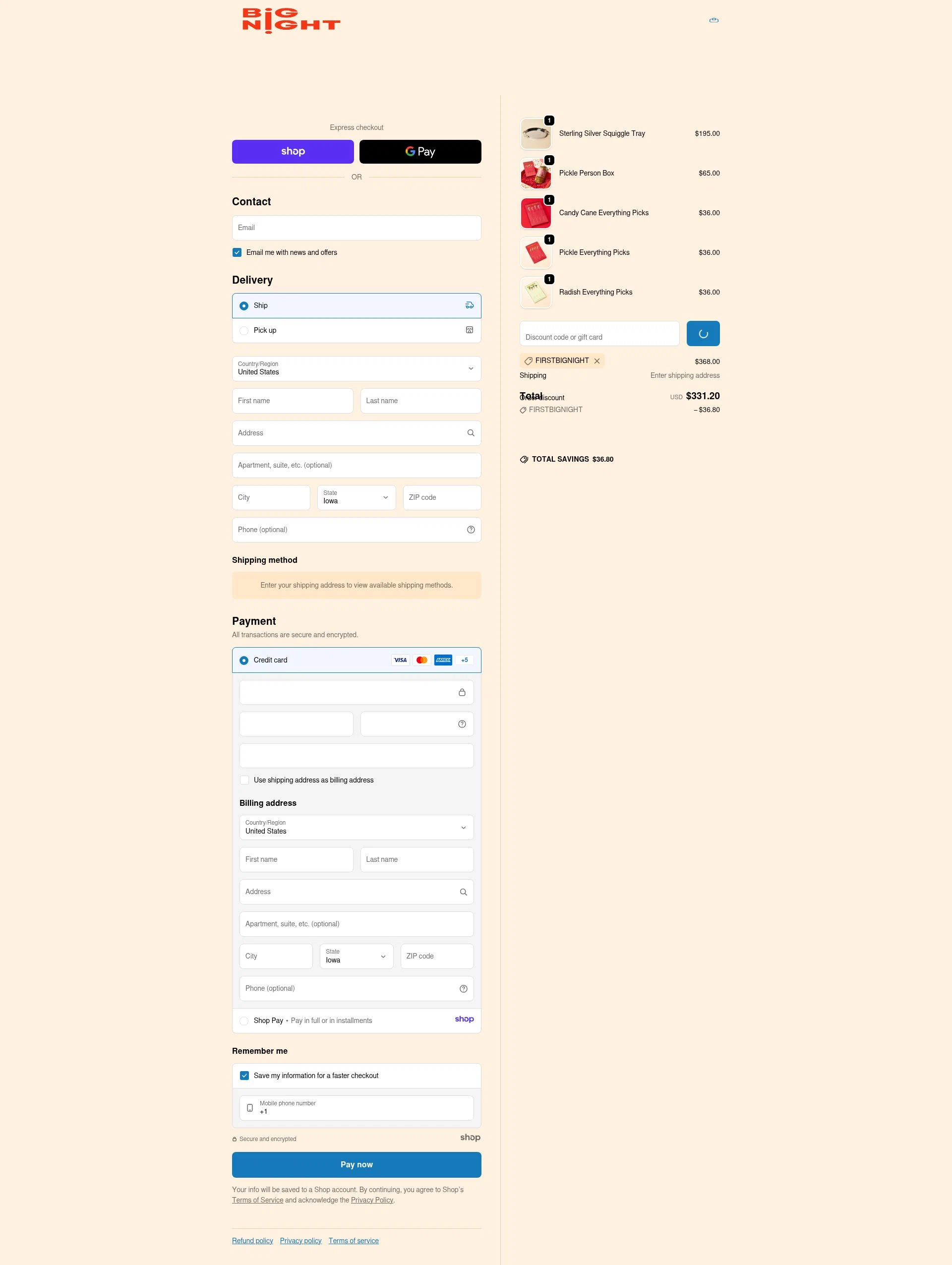 Big Night checkout page showing Big Night promo code box | Screenshot taken by SimplyCodes community member on Dec 23, 2025