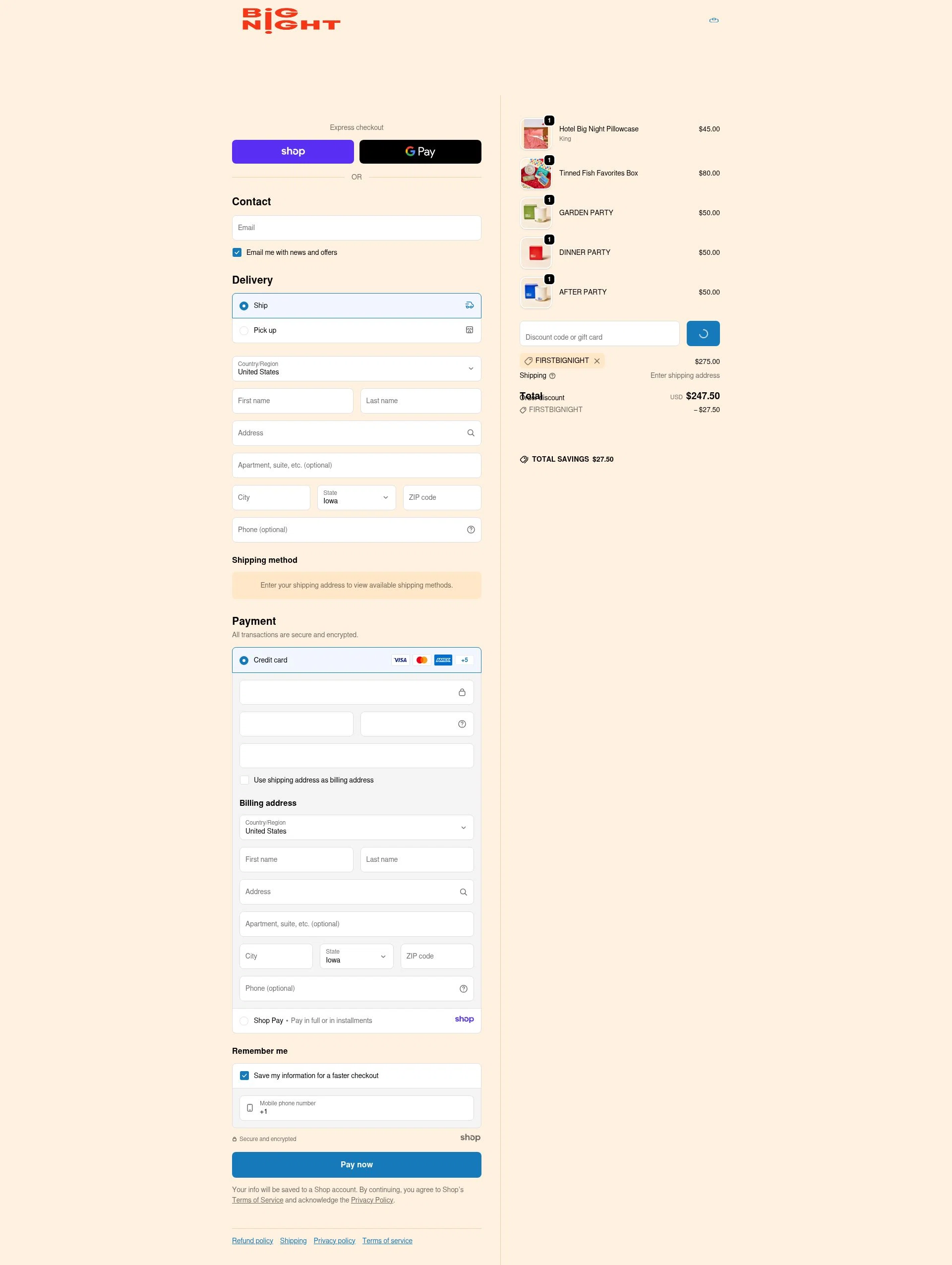 Big Night checkout page showing Big Night promo code box | Screenshot taken by SimplyCodes community member on Jan 1, 2026