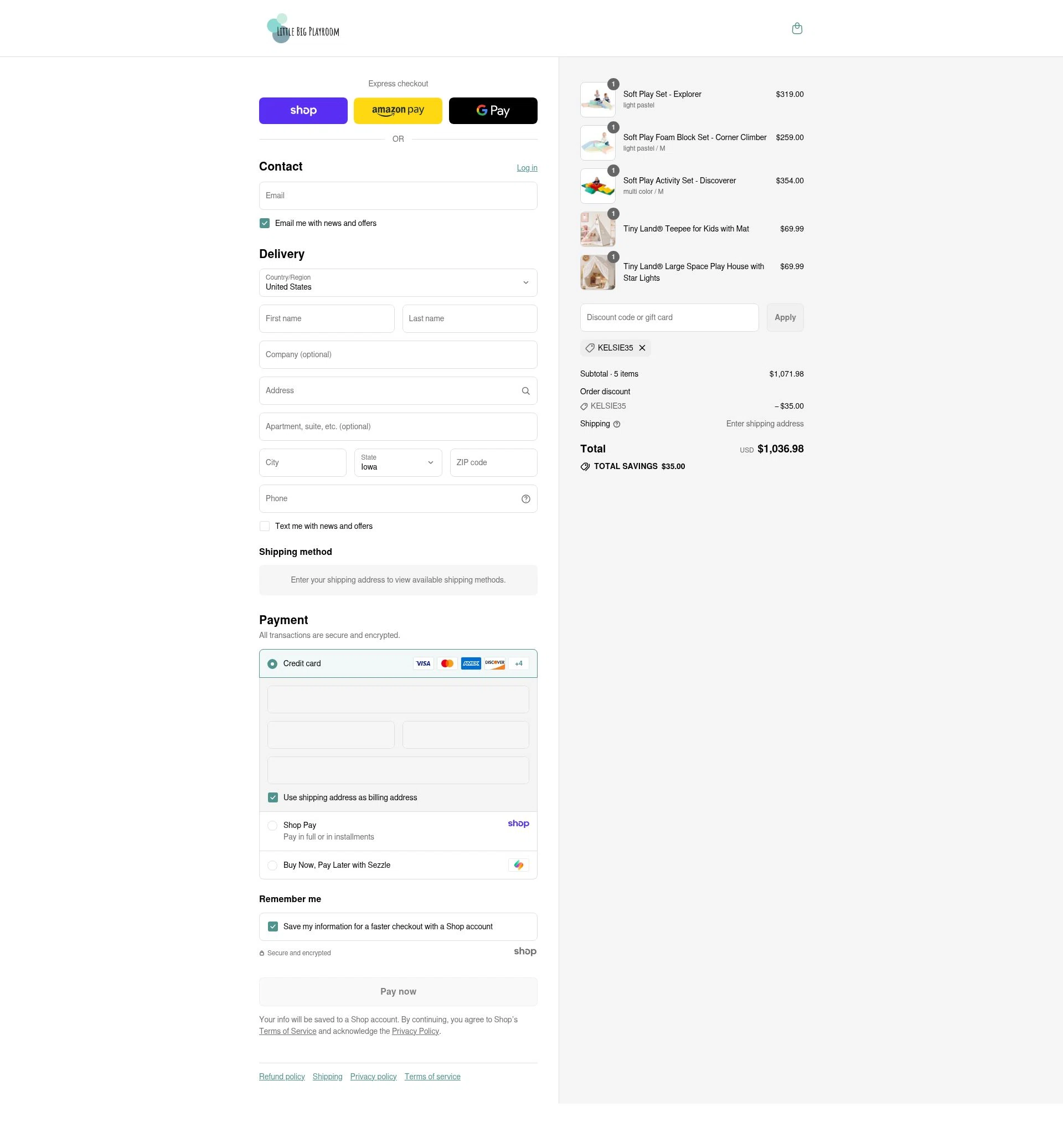 Little Big Playroom checkout page showing Little Big Playroom discount code box | Screenshot taken by SimplyCodes community member on Aug 31, 2025
